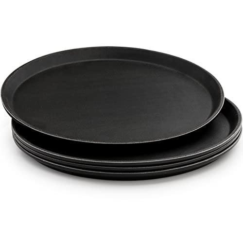 TOPZEA 4 Pack 14 Inch Round Restaurant Serving Tray, Fiberglass Non-Slip Rubber Lined Black Server Trays Commercial Grade Bar Service Tray for Restaurant, Kitchen, Cafeteria, Catering, Easy Clean