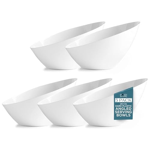 Posh Setting - White Plastic Serving Bowls for Party Angled Bowls Disposable Chip Bowls Candy Bowls for Party Table Salad and Fruit Bowls for Wedding Serving Bowls-White, 20 OZ, 5 Pack