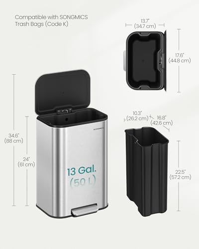 SONGMICS Kitchen Trash Can, 13-Gallon (50 L) Garbage Can with Lid, Stainless Steel, Soft Close and Stays Open, Inner Bucket, Wide Non-Slip Pedal, Metallic Silver ULTB547E01