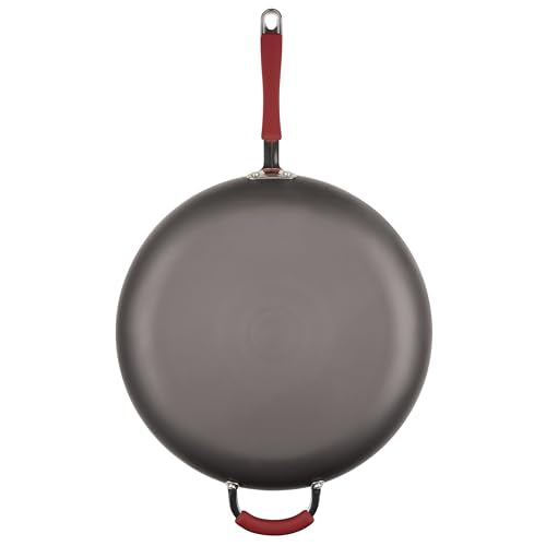 Rachael Ray Cucina Hard-Anodized Nonstick Frying Pan, Gray with Cranberry Red Handles, 14 Inch Pan