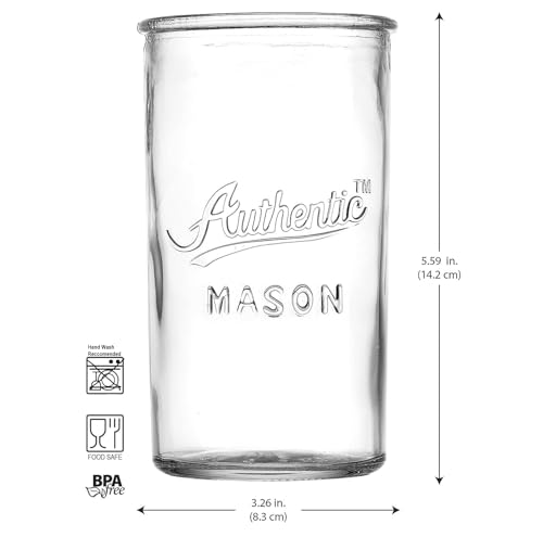Glaver's Drinking Glasses – Set of 4 Authentic Mason Vintage Glassware – Clear Glass Tumblers for Cocktails, Water, Juice – Embossed Vintage Drinking Glasses