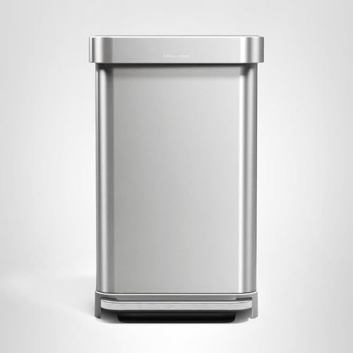 simplehuman Rectangular Step Can, 45L / 12 Gallon Kitchen Trash Can, Liner Rim System, Liner Pocket®, 150,000-Step Pedal, Lid Shox® Silent Close, Brushed Stainless Steel with Grey Plastic Lid
