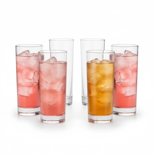 Royalty Art Highball Glasses Set of 6 – 10.18 oz Tall Drinking Glasses, 6.45” Clear Tom Collins Glasses for Cocktails, Water & Juice – Lead-Free Glass, Dishwasher Safe, Modern Bar Glassware