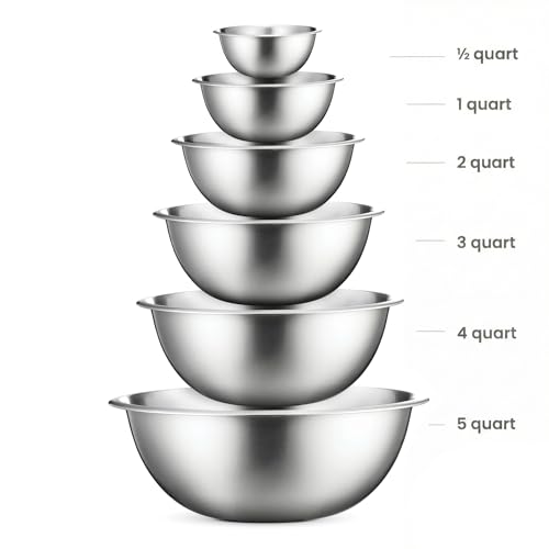 FineDine Stainless Steel Mixing Bowls Set, Dishwasher Safe, 6 Piece Metal Mixing Bowls For Kitchen, Nesting, Large, Small, Big Food Prep, Cooking, Baking