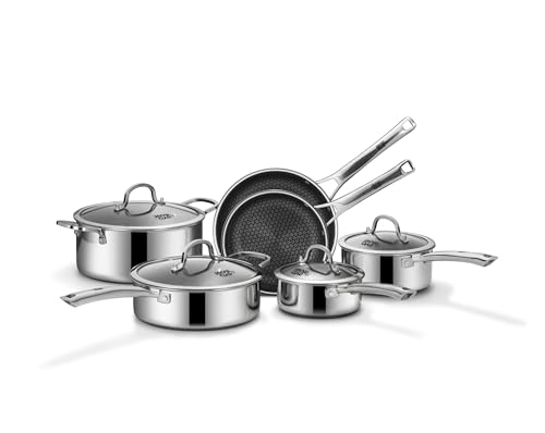 SNOWCLAD Pots and Pans Set Non Stick, 10 Pcs Hybrid Stainless Steel Cookware Sets, Non Stick Frying Pans