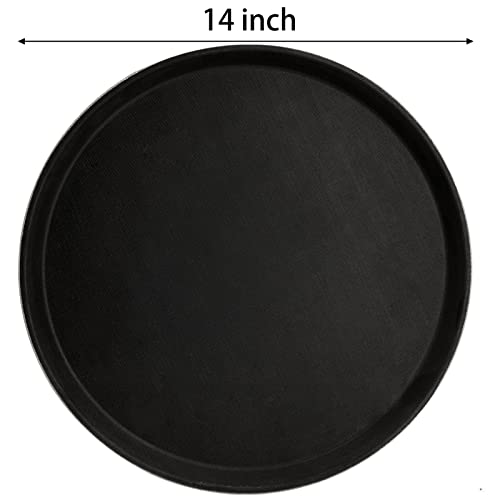 TOPZEA 4 Pack 14 Inch Round Restaurant Serving Tray, Fiberglass Non-Slip Rubber Lined Black Server Trays Commercial Grade Bar Service Tray for Restaurant, Kitchen, Cafeteria, Catering, Easy Clean
