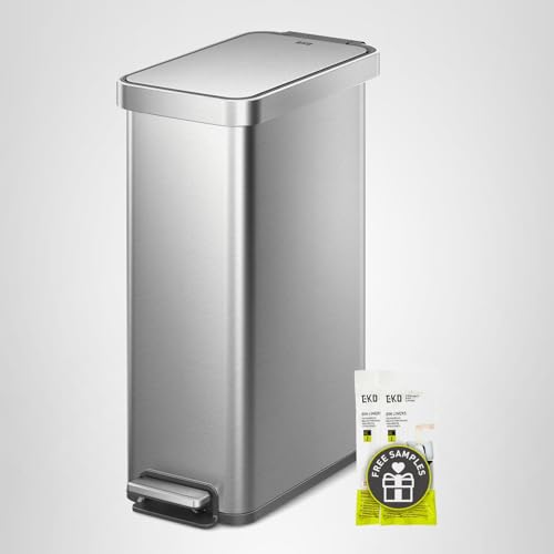 EKO Hudson Slim 50L / 13.2 Gallon Kitchen Trash Can with Lid, Stainless Steel Step Garbage Can for Kitchen or Home, Space-Saving Garbage Can with Soft Close Lid, Stay-Open, Liner Ring, Handle