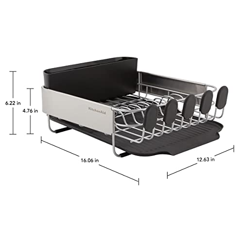 KitchenAid Compact, Space Saving Rust Resistant Dish Rack with Removable Flatware Caddy and Angled Self Draining Drainboard, 16.06-Inch, Black