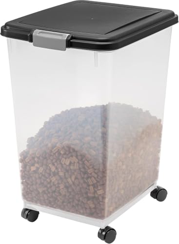 IRIS USA Airtight Dog Food Storage Container, Up to 54 lbs, Attachable Wheels, For Dog Cat Bird and Other Pet Food Storage Bin, Keep Fresh, Translucent Body, Easy Mobility, Black