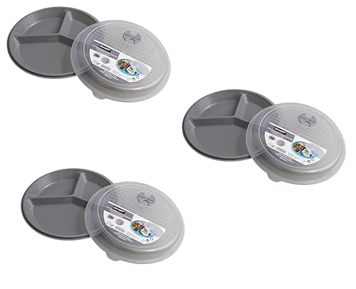 3-Pack Divided Microwave Plates with Vented Lids – BPA-Free Reusable Plates for Portion Control, Meal Prep & Leftovers – Stackable, Freezer & Dishwasher Safe (8.75” x 8.75”) (Gray)