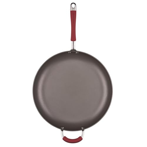 Rachael Ray Cucina Hard-Anodized Nonstick Frying Pan, Gray with Cranberry Red Handles, 14 Inch Pan