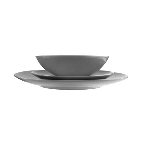 Amazon Basics 18-Piece Stoneware Dinnerware Set, Service for 6, Microwave and Dishwasher Safe, Plates and Bowls for Everyday Use, Smokey Grey