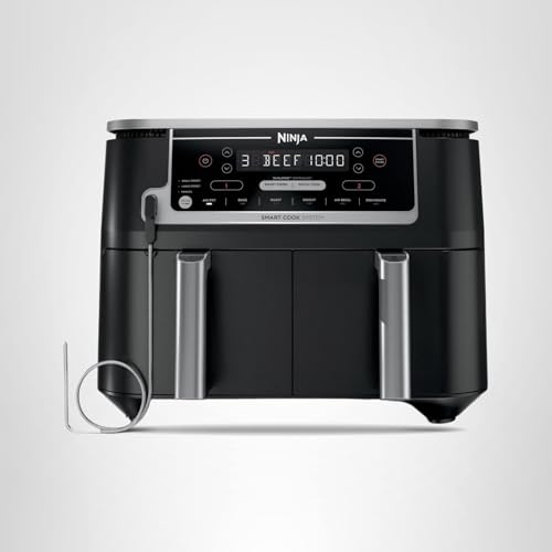 Ninja DZ550 Foodi 10 Quart 6-in-1 DualZone Smart XL Air Fryer with 2 Independent Baskets, Smart Cook Thermometer for Perfect Doneness, Match Cook and Smart Finish to Roast, Dehydrate and More, Black