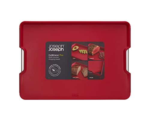 Joseph Joseph Cut&Carve Plus - Non-Slip, Multi-Function, Double-Sided Cutting Board for Food Preparation and Carving- Dishwasher Safe, Extra Large, Red