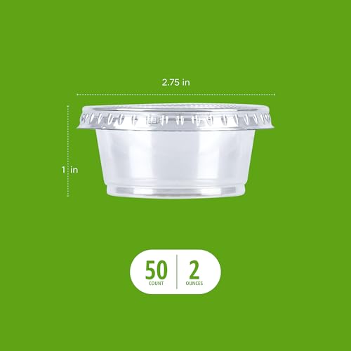 Amazon Basics Disposable Plastic To-Go Cups and Lids, Mini, 2oz, 50 Count, BPA Free, for Condiment, Salad Dressing, Sauces, Jello Shots