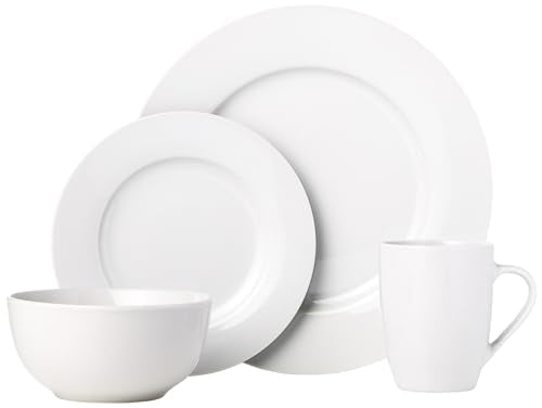 Amazon Basics 16-Piece Porcelain Dinnerware Set, Microwave and Dishwasher Safe, Service for 4, Plates, Bowls and Mugs, White