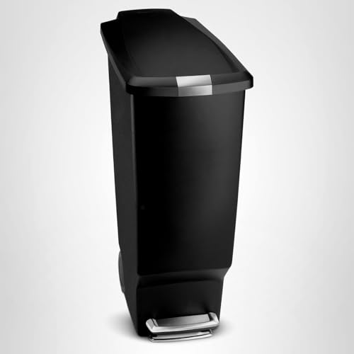 simplehuman 40 Liter / 10.6 Gallon Slim Kitchen Step Trash Can With Secure Slide Lock, Black Plastic