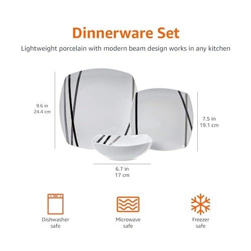Amazon Basics Square Dinnerware Set for 6, Plates and Bowls for Kitchen, 18-Piece, Dishwasher and Microwave Safe, Modern Beams