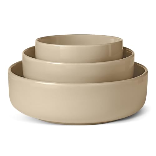 Amazon Basics Glazed Stoneware Serving Bowls, 3-Piece Set, Dishwasher-Safe, Microwave and Freezer-Safe, Nest for Space-Saving, Linen Gray