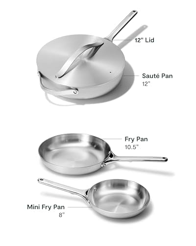 Caraway Stainless Steel 4-Piece Fry Pan Set - 5-Ply Frying Pans (8" & 10.5”) & Saute Pan - Non-Toxic, PTFE & PFOA Free - Oven Safe & Stovetop Agnostic
