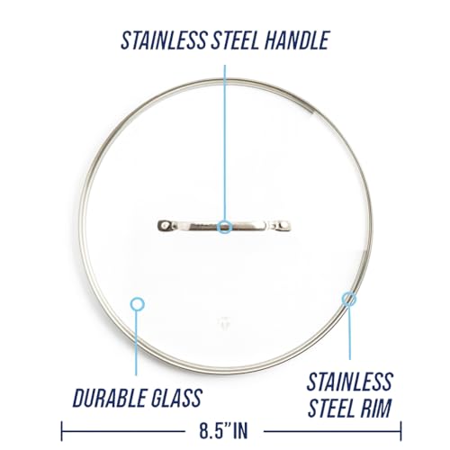 Blue Diamond 8.5” Universal Tempered Glass Lid, Frying Pan Skillet, Sauté, Saucepan, Stockpot, Oven Safe to 350°F, Dishwasher Safe, Stainless Steel Handle, Clear