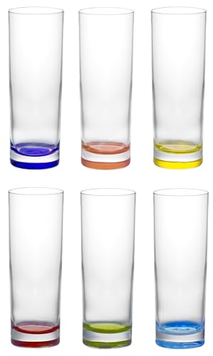 Red Co. Set of 6 Collins Slim Tall Highball 10 Fl Oz Water Beverage Glasses with Multicolor Bottoms