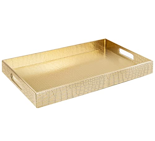 Home Redefined 17.5"x12" Gold Glossy Crocodile Faux Leather Serving Tray Beautiful Modern Elegant Decorative Tray with Handles Ottoman Coffee Table Tray for All Occasion's