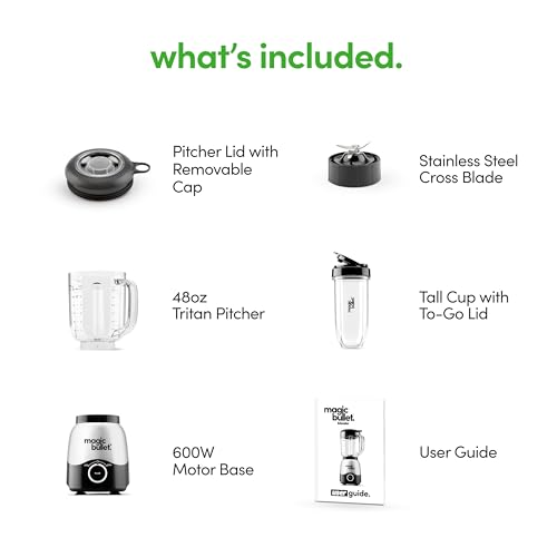 magic bullet Combo Blender, 600W, 48oz Pitcher, 16oz Cup with To-Go Lid, Easy Cleaning, Cross Blade, for Smoothies, Sauces, Shakes, Salsa, Hot Blends, Silver, MBF50200