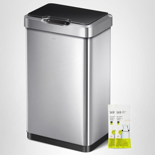 EKO Mirage-T 50 Liter / 13.2 Gallon Touchless Rectangular Motion Sensor Trash Can, Brushed Stainless Steel Finish