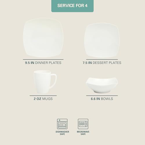 Gibson Home Zen Buffet White Porcelain Dinnerware Set for 4, Square Plates Bowls and Mugs, Chip and Scratch Resistant, Dishwasher and Microwave Safe, 16 Piece