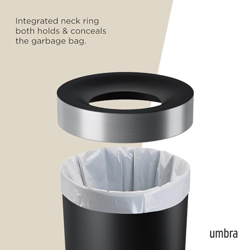 Umbra Vento Kitchen Trash Can – Large 16 Gal (62 L) Open Top Garbage Can for Home & Office – Modern Clean Design, Black/Nickel