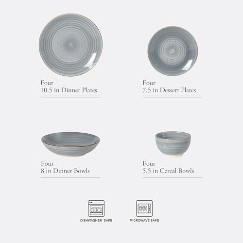 Gibson Home Stonebury 16 Piece Plates and Bowls Blue Dishes - Handpainted Stoneware Dinnerware Set - Service for 4