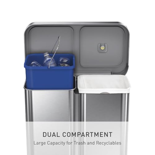 simplehuman Step Recycler, 58L / 15.3 Gallon Dual Compartment Kitchen Trash Can, 150,000-Step Pedal, Lid Shox® Technology, Liner Rim System, Liner Pocket®, Brushed Stainless Steel with Plastic Lid