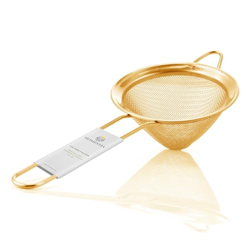 Homestia Fine Mesh Strainer for Kitchen, 304 Stainless Steel Sieve Sifters Cocktail Strainer for Food, Tea, Oil, Noodles, Coffee, Juice, Flour, Fruits, Vegetables - Easy to Clean Drink Strainer (Gold)