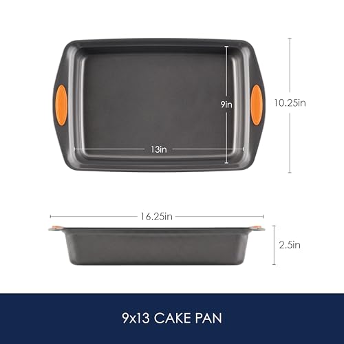 Rachael Ray Yum-o! Nonstick Bakeware Oven Lovin' Rectangle Cake Pan, 9-Inch by 13-Inch, Gray with Orange Handles
