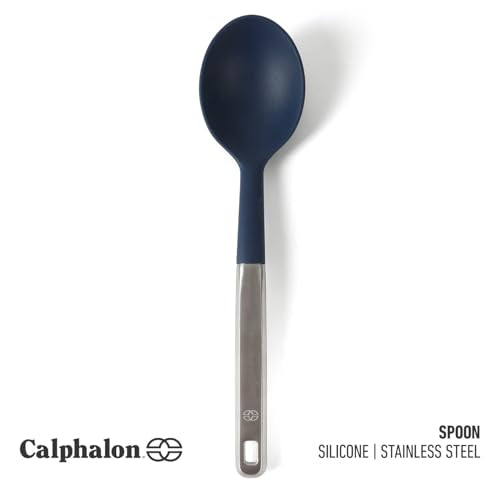 Calphalon Prime Kitchen Spoon, Kitchen Cooking Spoon, Silicone Spoon, Stainless Steel Spoon with Navy Silicone Head High-Heat Resistant for Nonstick Cookware, Ergonomic Handle for Stirring