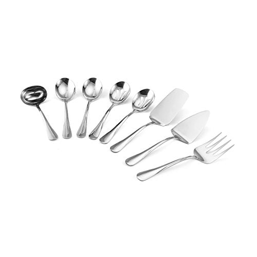 Mikasa Gourmet Basics Kaylee 8-Piece Serving Set, 18/0 Stainless Steel, Ladle, Lasagna Server, Cake Server, Tablespoons, Cold Meat Fork, Dishwasher Safe