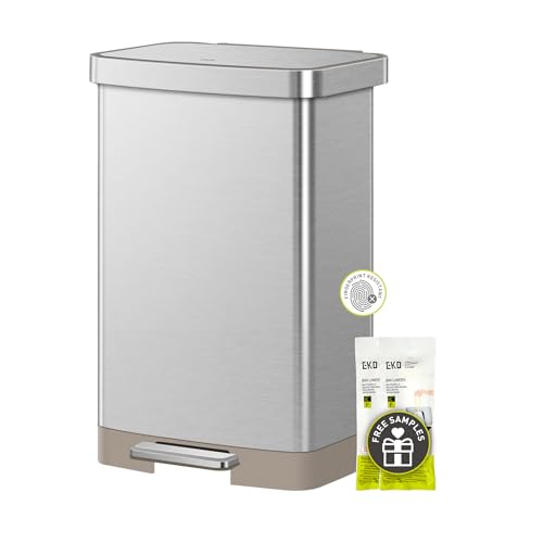 EKO Hudson Matte Stainless 50 Liter/13.2 Gallon Step Trash Can with Rear Trash Bag Storage Compartment