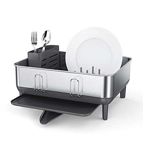 simplehuman Steel Frame Dishrack, Compact Dish Drying Rack for Small Kitchens, 360º Easy Drain Swivel Spout, Anti-Residue Coating, Moisture Control Surface, Brushed Stainless Steel