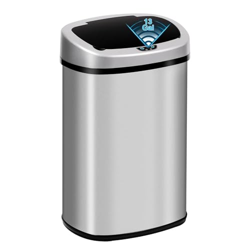 Bigacc Kitchen Trash Can | Stainless Steel 13 Gallon Trash Can | 50L Touch Free Garbage Can with Lid | Electronic Sensor High Capacity Trash Bin for Bathroom Kitchen Office, Silver