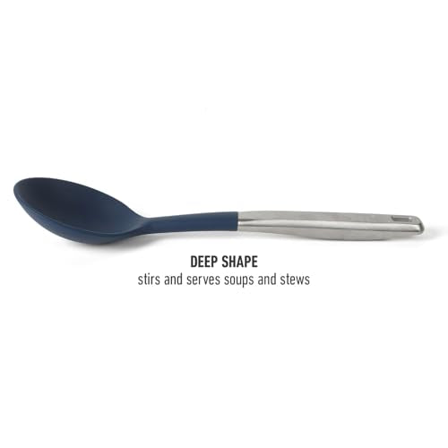 Calphalon Prime Kitchen Spoon, Kitchen Cooking Spoon, Silicone Spoon, Stainless Steel Spoon with Navy Silicone Head High-Heat Resistant for Nonstick Cookware, Ergonomic Handle for Stirring