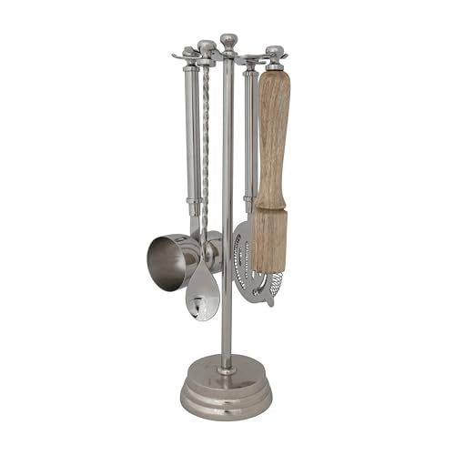 Creative Co-Op 5-Piece Stainless Steel and Mango Wood Bar Tools with Stand, Nickel Finish and Natural