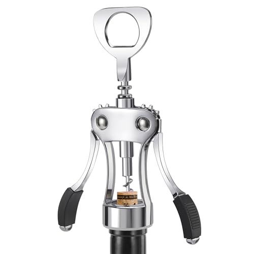 KORCCI Wine Opener, Heavy-Duty Zinc Alloy Wing Corkscrew, Premium Beer Bottle Opener, Multifunctional Wine Accessories with Ergonomic Handle and Sharp Screw, for Kitchen, Bar, Restaurant (SILVER)