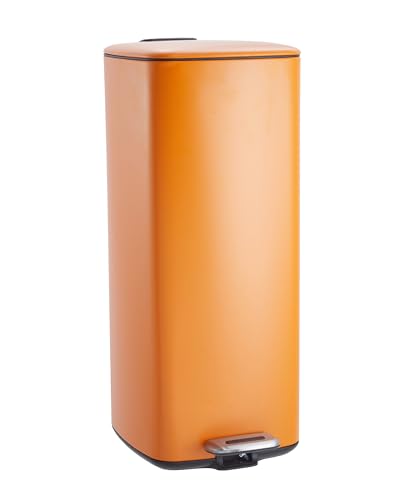 Garvee 8 Gallon Trash Can for Kitchen, Stainless Steel Garbage Can with Lid and Inner Bucket, Step-On Square Trash Bin for Home Office Bedroom Bathroom Laundry Room, 30 Liter, Orange