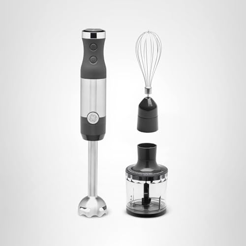 GE Immersion Blender | Handheld Blender for Shakes, Smoothies, Baby Food & More | Includes Whisk & Blending Jar | 2-Speed | Interchangeable Attachment for Easy Clean | 500 Watts | Stainless Steel