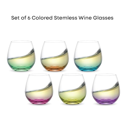 JoyJolt Hue Stemless Wine Glass Set, Large 15 oz Stemless Wine Glasses Set of 6 for White Red or Water, Short Glass Tumblers, No Stem Margarita Glasses, Colored Tumbler