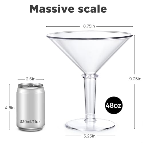 Unbreakable Giant Martini Glasses set of 2, 48 oz Plastic Cocktail Glasses, Jumbo, Reusable, BPA Free, Detachable, Perfect for Picnic, Beach & Patio Party, Appetizers, Birthday, Wedding and All Events