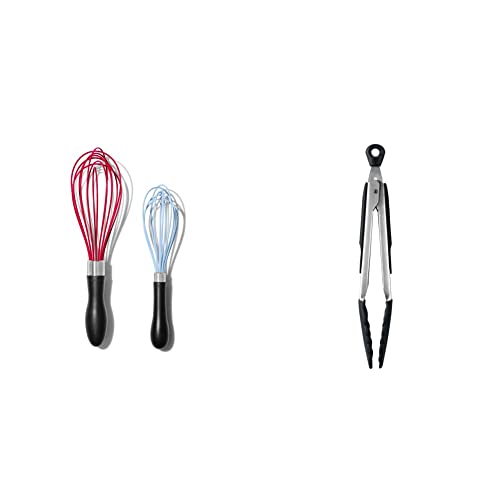 OXO Good Grips 2-Piece Silicone Whisk Set and OXO Good Grips 9-Inch Tongs with Silicone Heads, Black