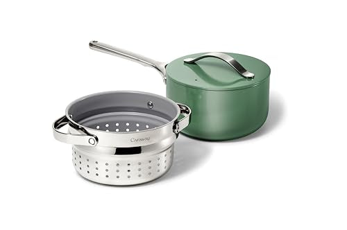 Caraway Nonstick 3 Qt Ceramic Sauce Pan with Lid & Steamer, Non Toxic, PTFE & PFOA