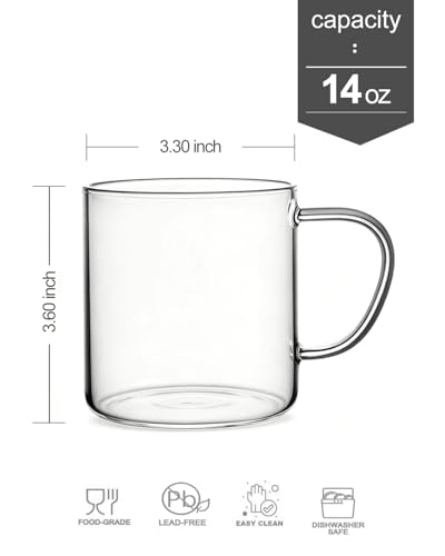 LUXU Glass Coffee Mugs Set of 4,14 oz Clear Coffee Cups,Hand Blown&Seamless Design,Heat Resistant and Explosion-Proof,Lightweight Tea Mugs with Anti Scald Handle Ideal for Home,Cafe
